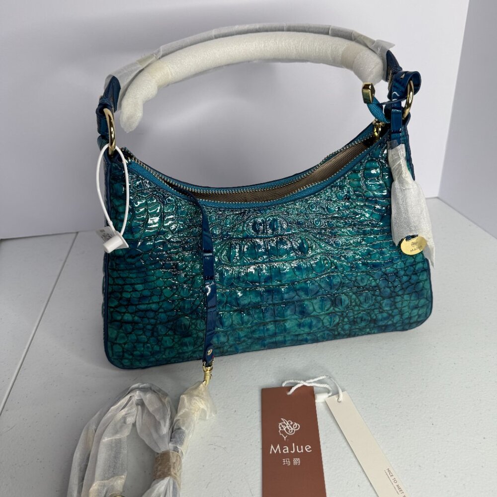 MaJue Croc-Embossed Teal Shoulder Bag | Gold Hardware | New with Tags - Picture 6 of 10
